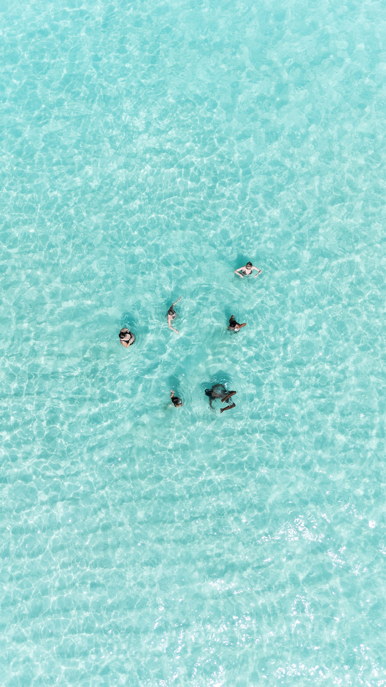 Aerial drone shot of swimmers floating in clear turquoise water