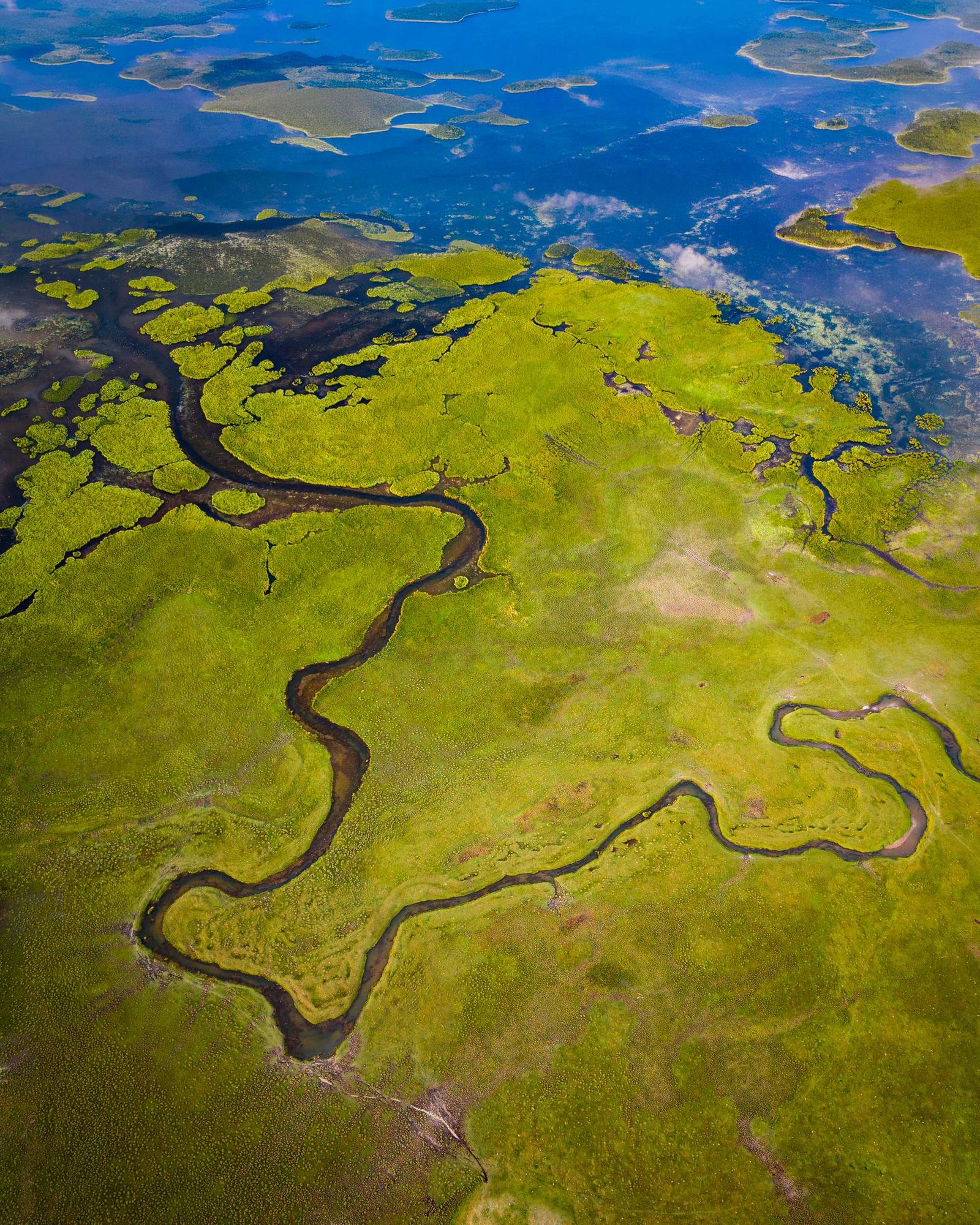 Aerial view of a river winding through green wetlands, Kyrgyzstan
