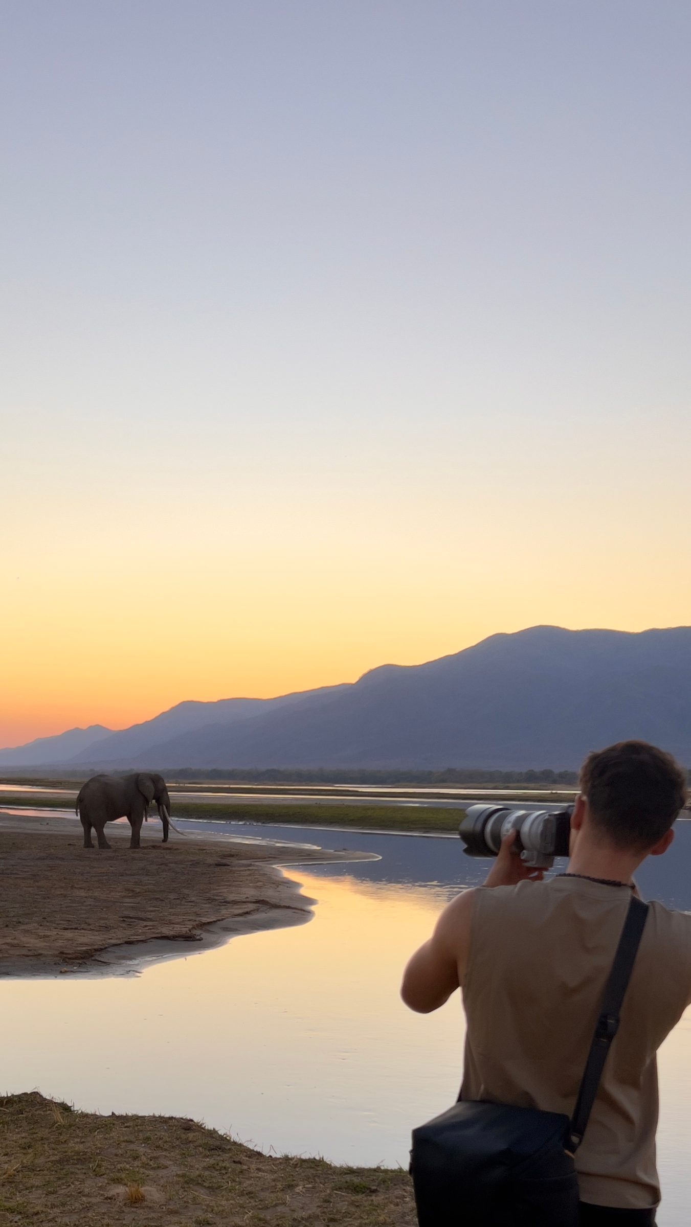 Photographer shooting elephants crossing a river at sunset