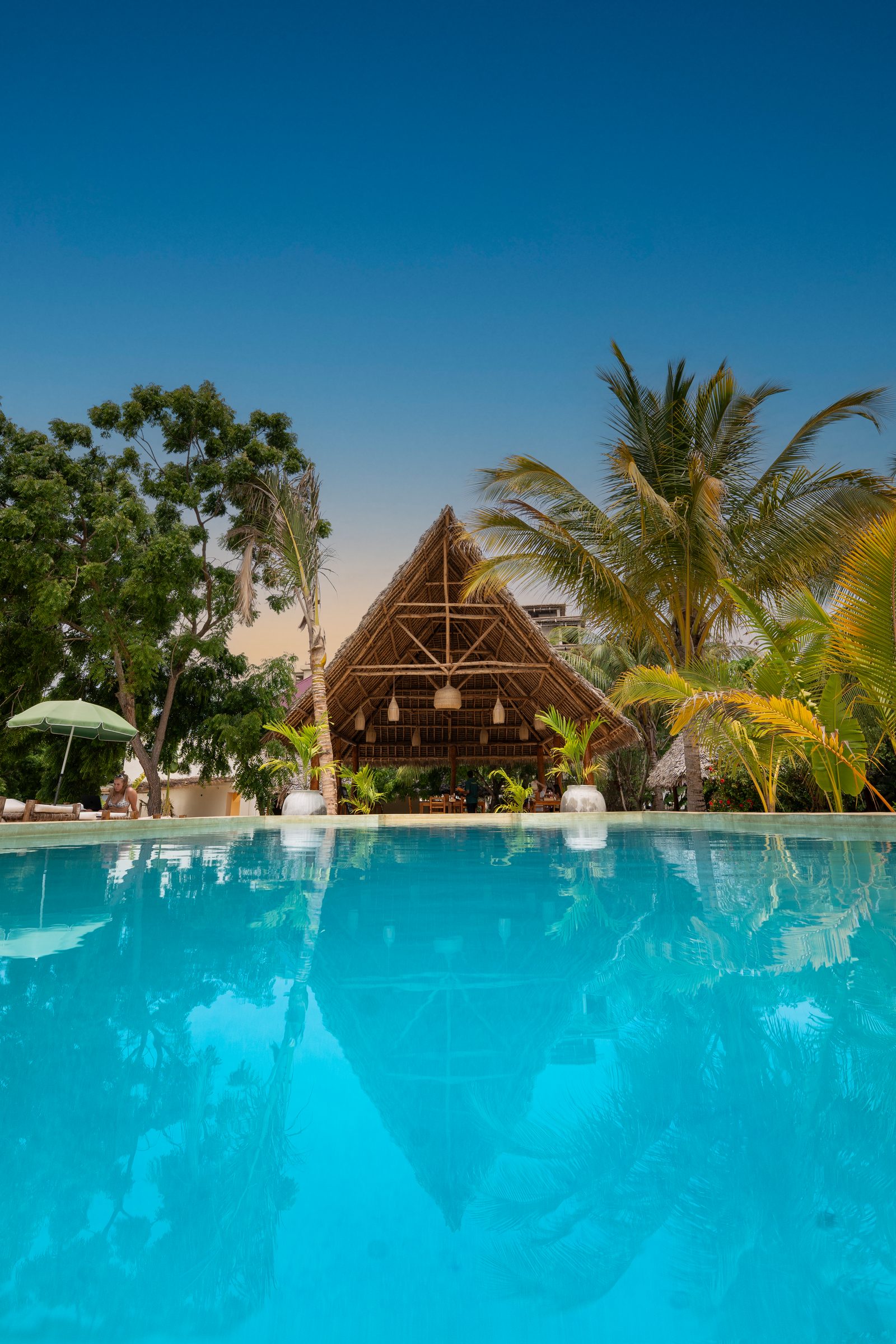 Infinity pool reflecting a thatched roof lodge and palm trees at Hostel 197, Zanzibar